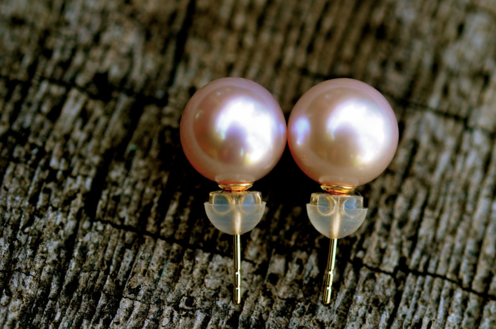 10mm pink perfectly round pearl stud earrings, set on 14k solid gold