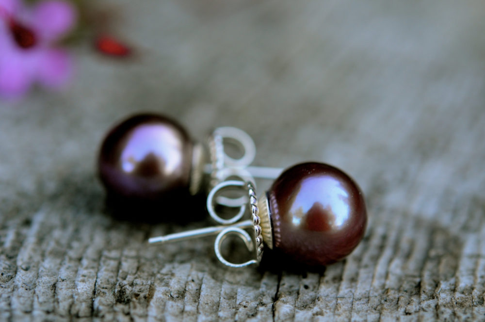 11mm aubergine purple large round pearl earring studs, superb pearl studs, rare natural deep purple pearl earring studs, on sterling silver