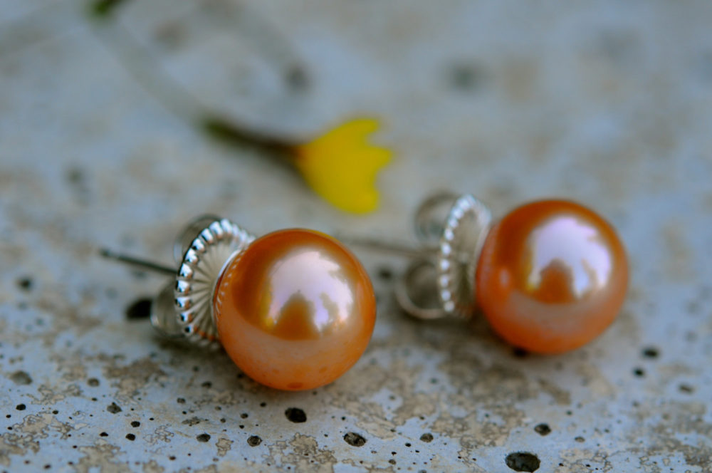 11mm intense golden sunny tropical peach pearl earring studs, large gold pearl earring studs, glow with your summer tan