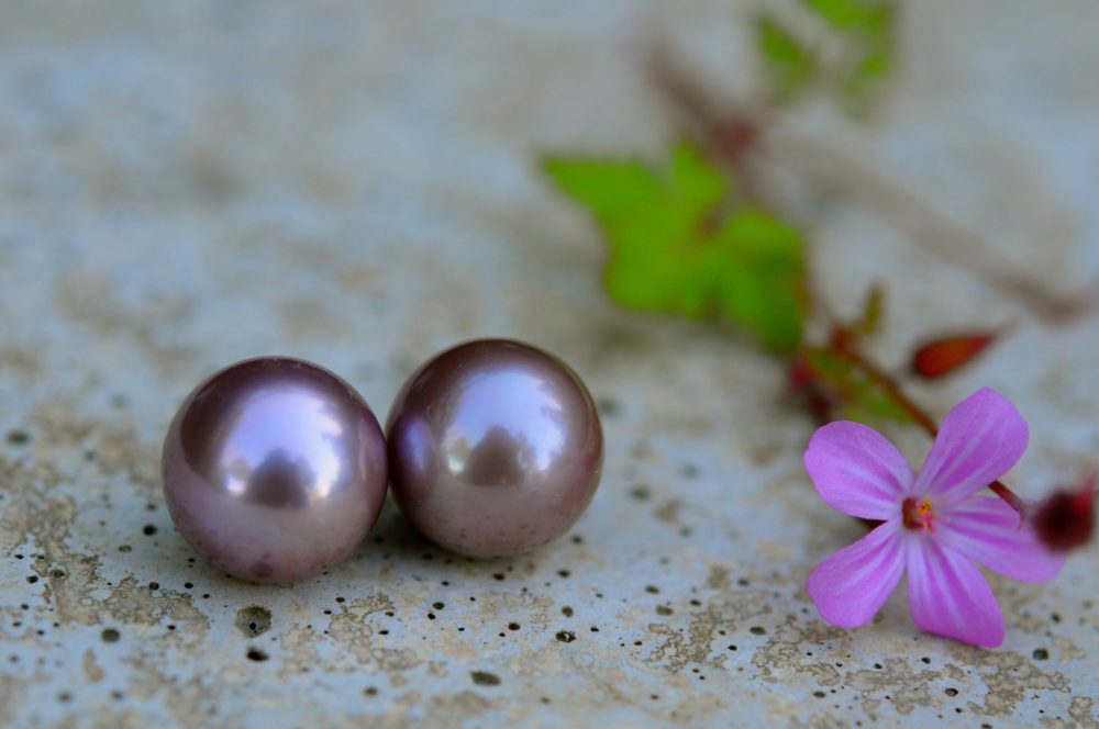 11mm pretty violet round pearl earring studs, superb pearl studs, rare natural lilac colored pearl earring studs, on sterling silver
