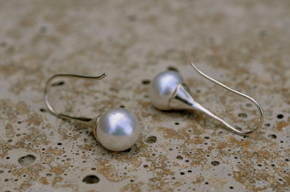 11mm round white pearl earrings set in silver, stylish long dangle white pearl earrings, white pearl and silver dangle earrings