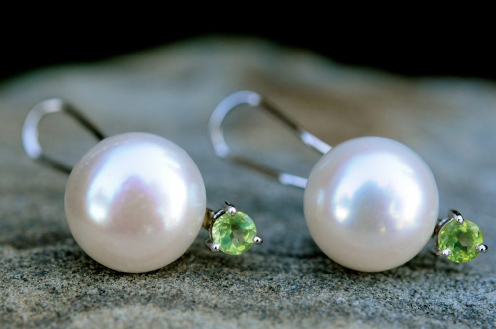 12.5mm white pearl and 4mm peridot post/clip earrings, large white pearl and green peridot stud earrings, august june birthday earrings