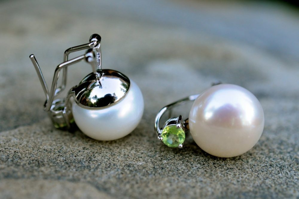 12.5mm white pearl and 4mm peridot post/clip earrings, large white pearl and green peridot stud earrings, august june birthday earrings
