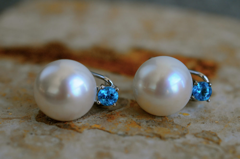 12.5mm white pearl and blue topaz post/clip earrings, large white pearl and blue topaz stud earrings, flawless pearl and blue topaz earrings
