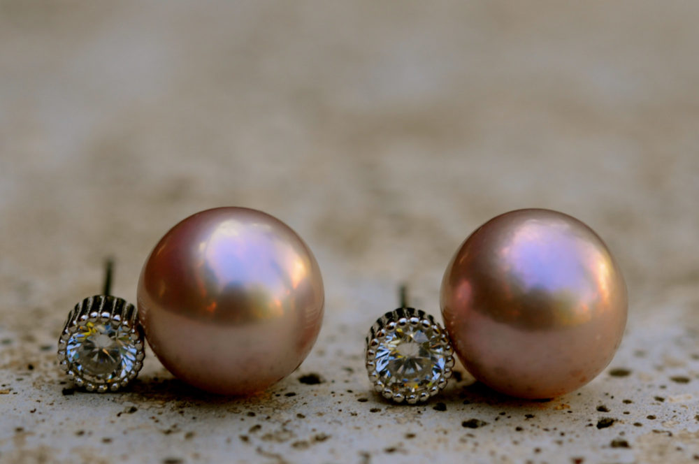 12 mm pink round pearl studs, nucleated large round pink pearl studs, large pink pearl earring studs, sterling silver, CZ stone inlay