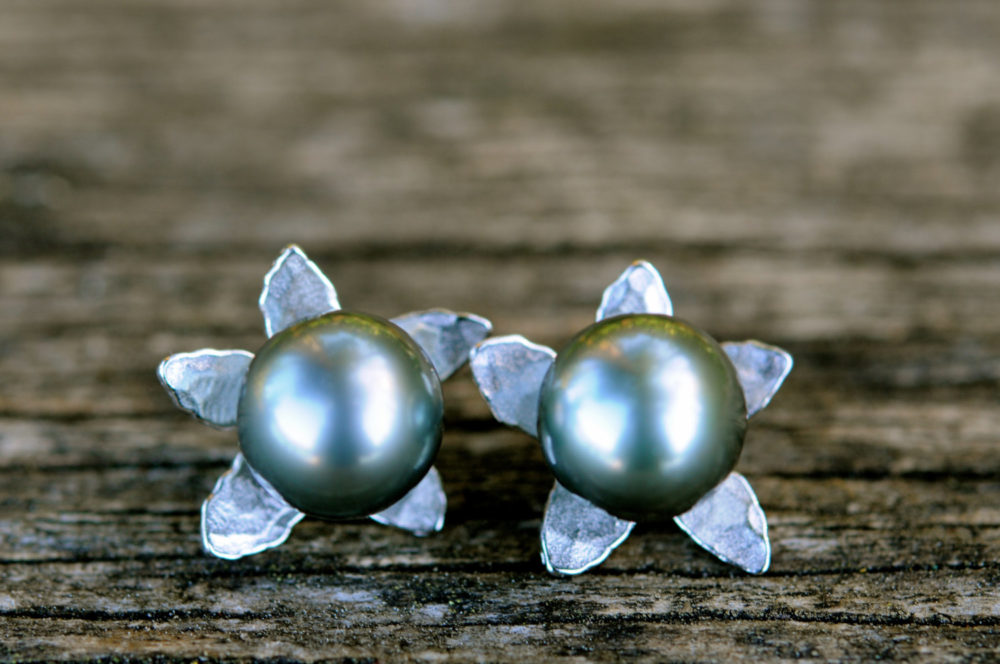 12mm tahitian black pearl studs, sterling silver flower petal base/post, simply stunning