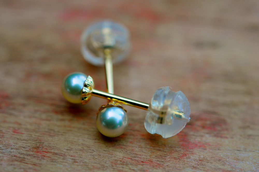 3mm akoya natural sea green strong light perfect round pearl earring studs, set on 18k solid, secure and comfy silicon backs