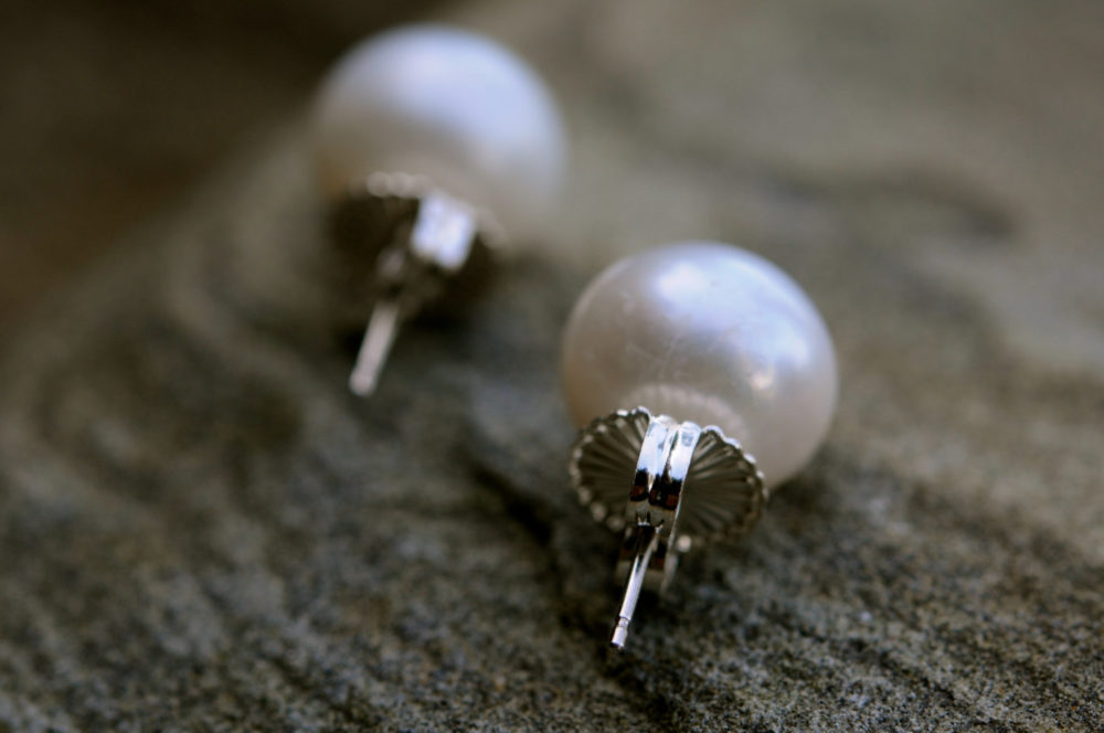 a perfect pair of large white pearl stud earrings, 13mm white pearl, milky white soft matte moon-like surface, ideally matched