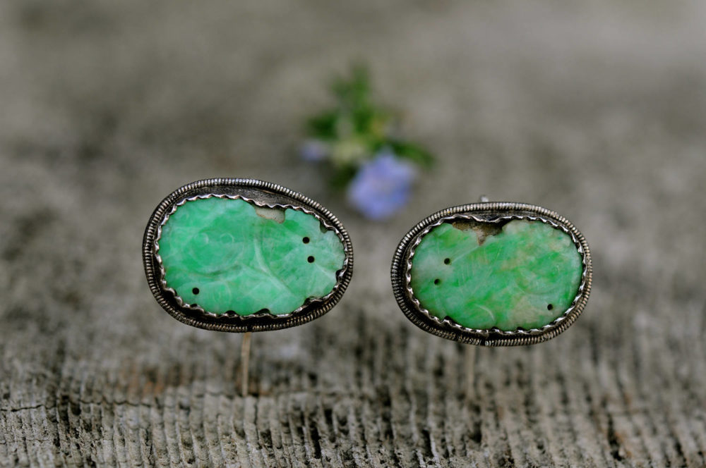antique jadeite earrings, China's Qing dynasty carved jadeite earrings set in silver, an authentic piece of  China's past