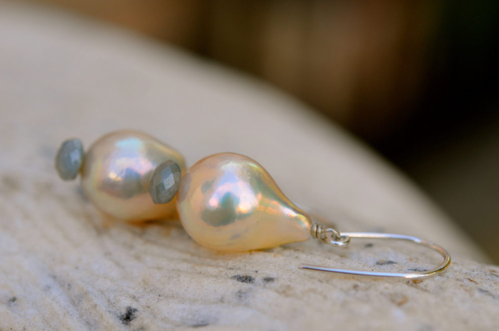 baroque pearl earrings, pale blue natural sapphire earrings, handmade earrings