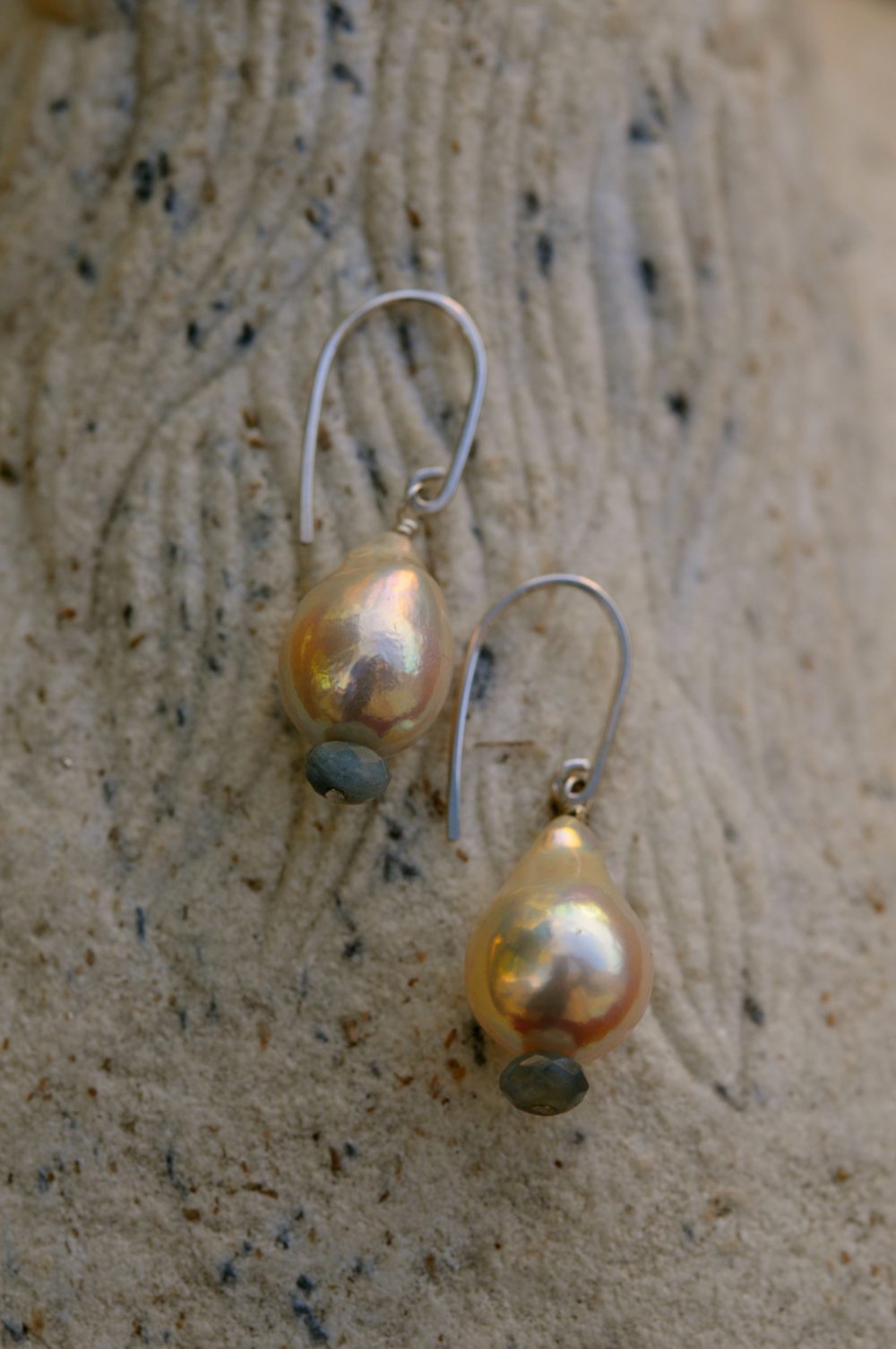 baroque pearl earrings, pale blue natural sapphire earrings, handmade earrings