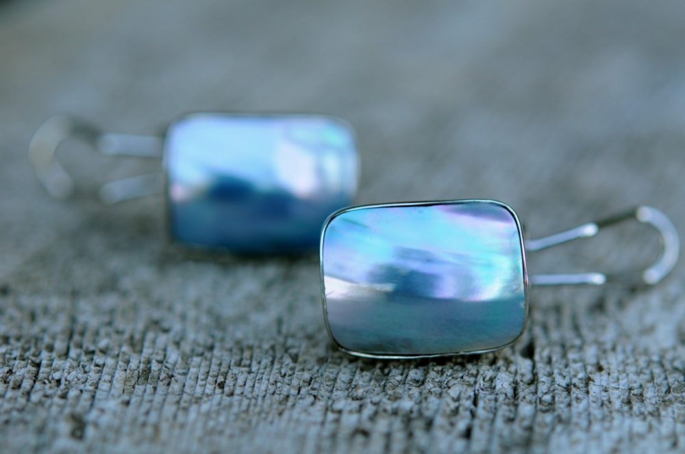 beautiful blue mother of pearl post/clip earrings, handcrafted in sterling silver