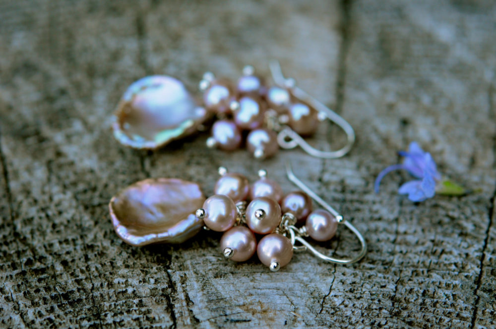 beautiful mauve pink pearl cluster dangle earrings, fine pink keshi pearl dangle earrings, june birthday, june birthstone, gift for her