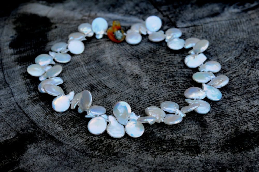 beautiful snow white coin pearl choker necklace, top drilled white coin pearl necklace, vibrant natural jade clasp