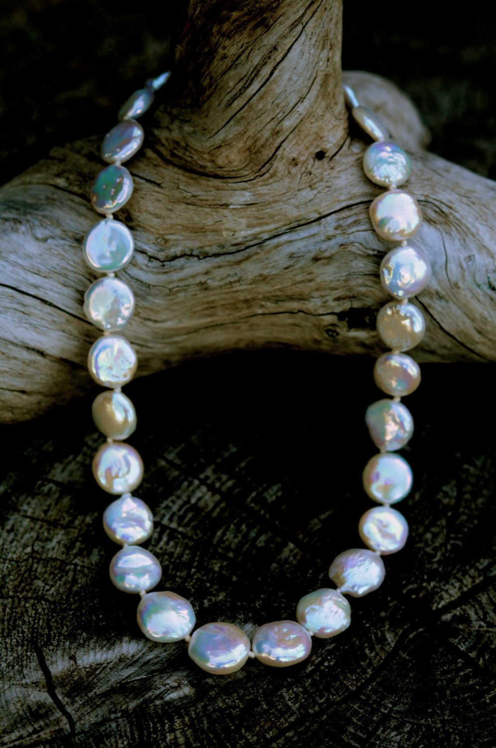 beautiful white coin pearl choker necklace, flat coin pearls tied with silk, sterling silver clasp, ideal bridal pearls