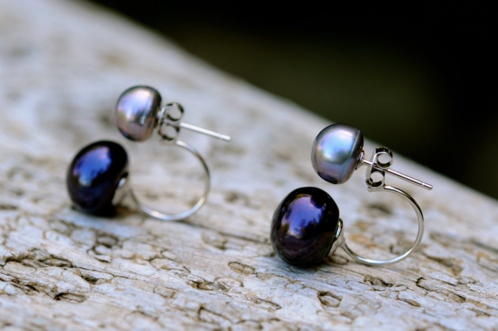 black and grey double pearl earrings, dark pearl double studs, interchangeable pearl studs