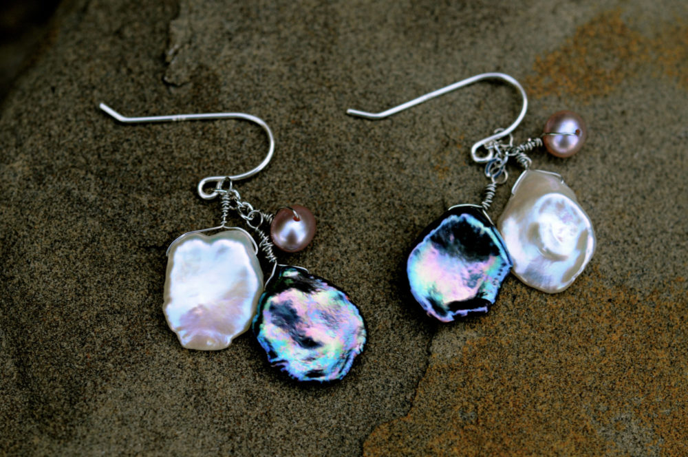 black and white keshi pearl dangle earrings, delightful petal pearl earrings, handmade, gift for her