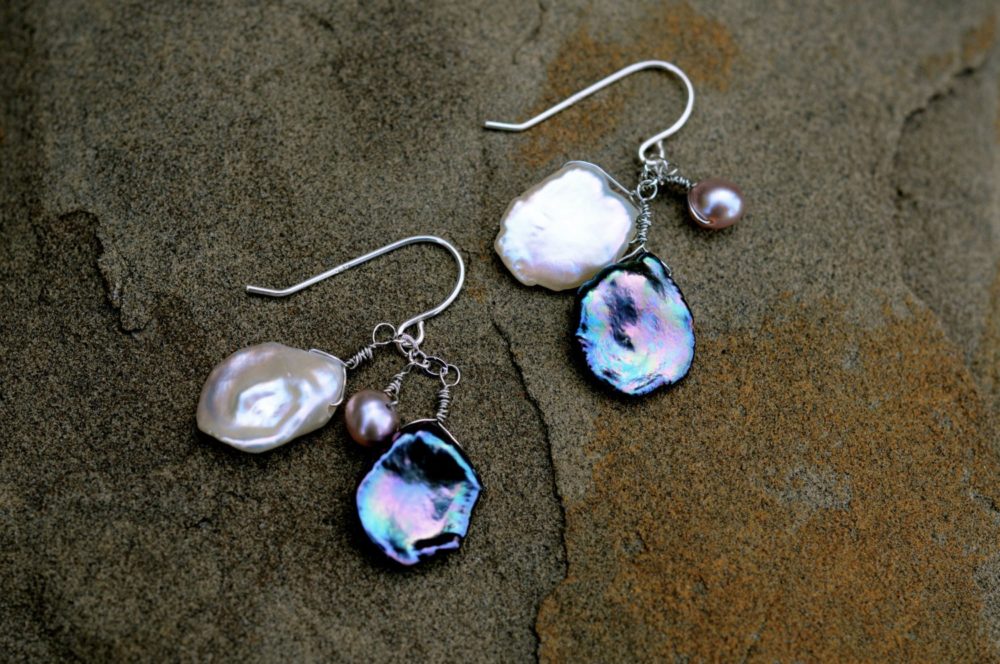 black and white keshi pearl dangle earrings, delightful petal pearl earrings, handmade, gift for her
