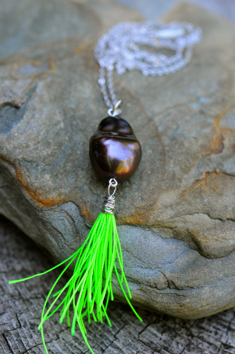 black baroque pearl and lime green silk tassel necklace, on a vintage metal chain