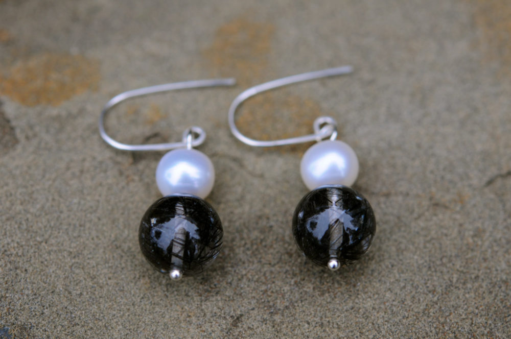 black crystal and white pearl earrings, black and white earrings, dangle earrings, cool earrings