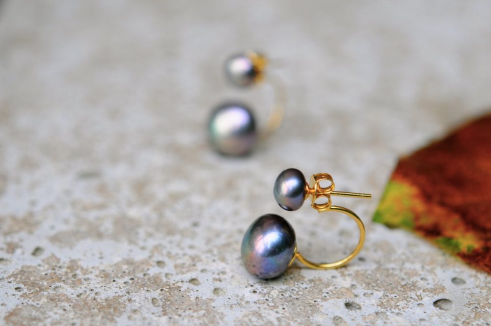 black double pearl earrings, dark pearl double studs, interchangeable pearl studs