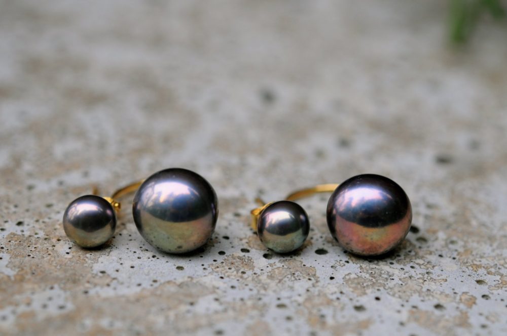 black double pearl earrings, dark pearl double studs, interchangeable pearl studs