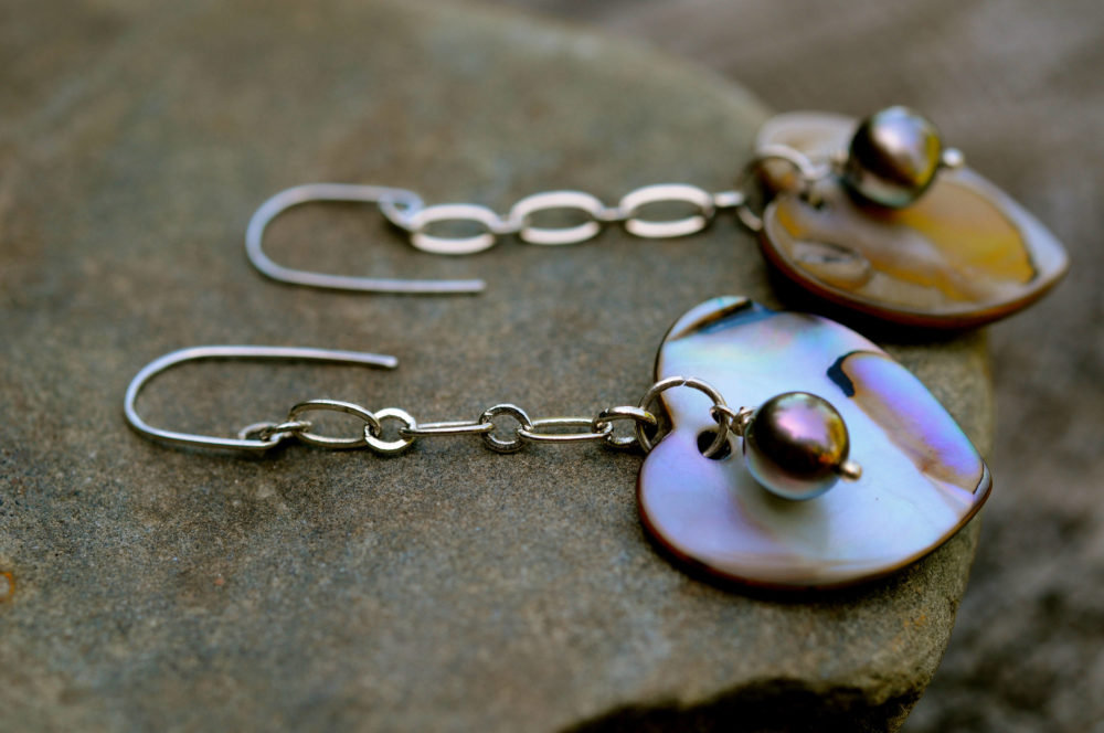 black pearl and mother of pearl long dangle earrings, sweet and delightful