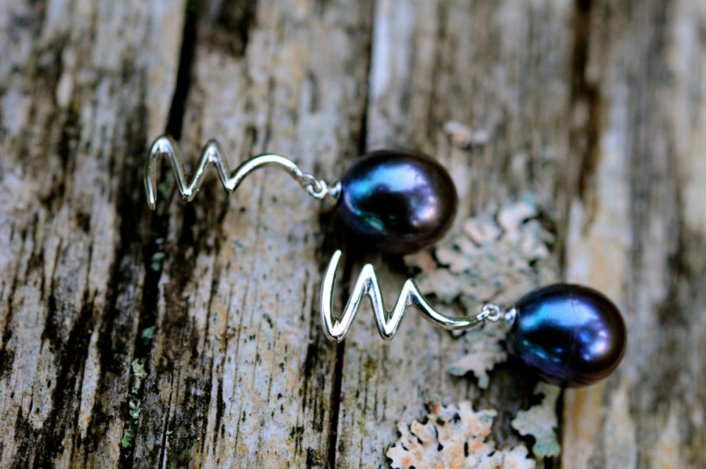 black pearl earrings, 12×13 mm black teardrop pearl earrings, set in sterling silver, with posts and backs, modern black pearl earrings