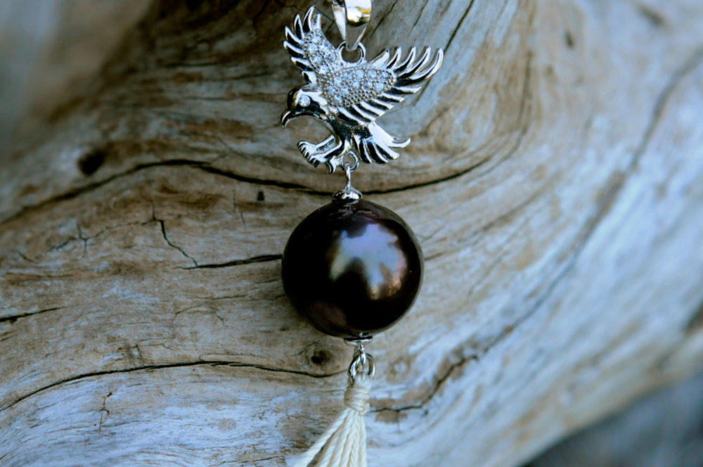 black pearl silk tassel sterling silver bird charm necklace