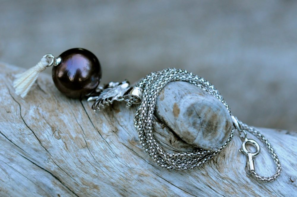 black pearl silk tassel sterling silver bird charm necklace