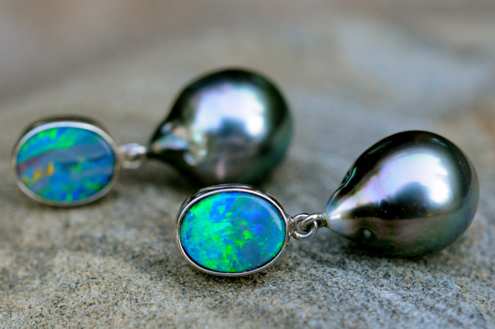black tahitian baroque pearl drop pearl with Australian opal earrings, hand crafted with fine sterling silver