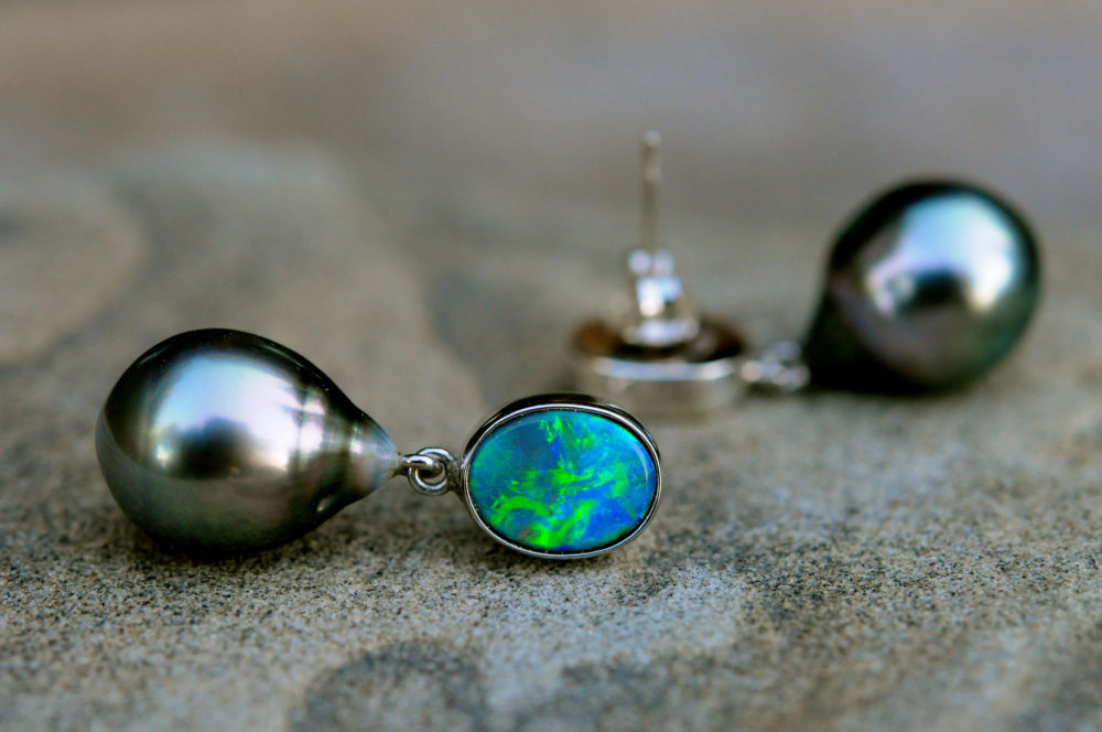 black tahitian baroque pearl drop pearl with Australian opal earrings, hand crafted with fine sterling silver