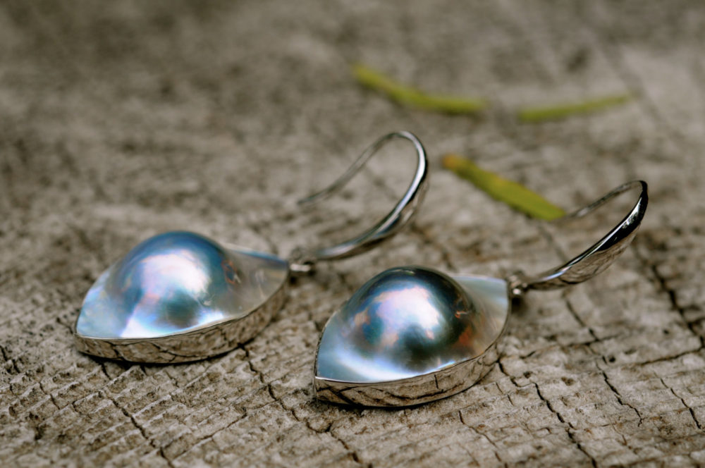blue mabe pearl drop earrings, blue mabe pearl dangle earrings, sterling silver setting