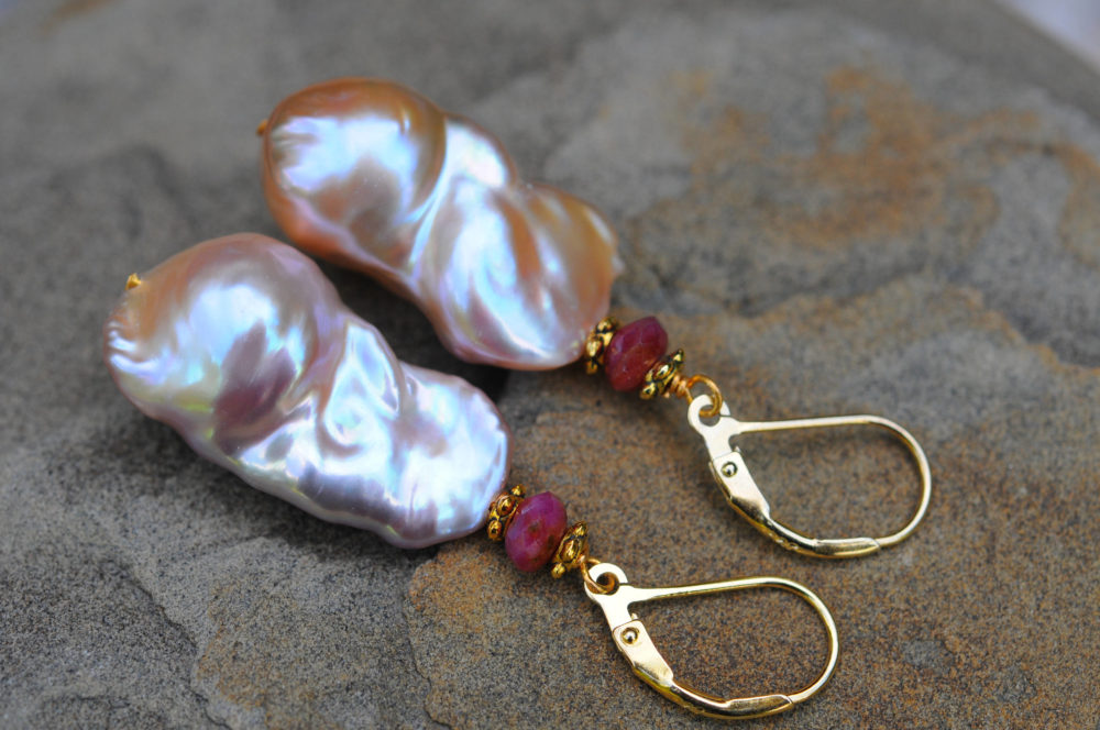 blush pink baroque pearl and natural ruby earrings, vermeil lever back ear wires, pink baroque pearl earrings, ruby earrings
