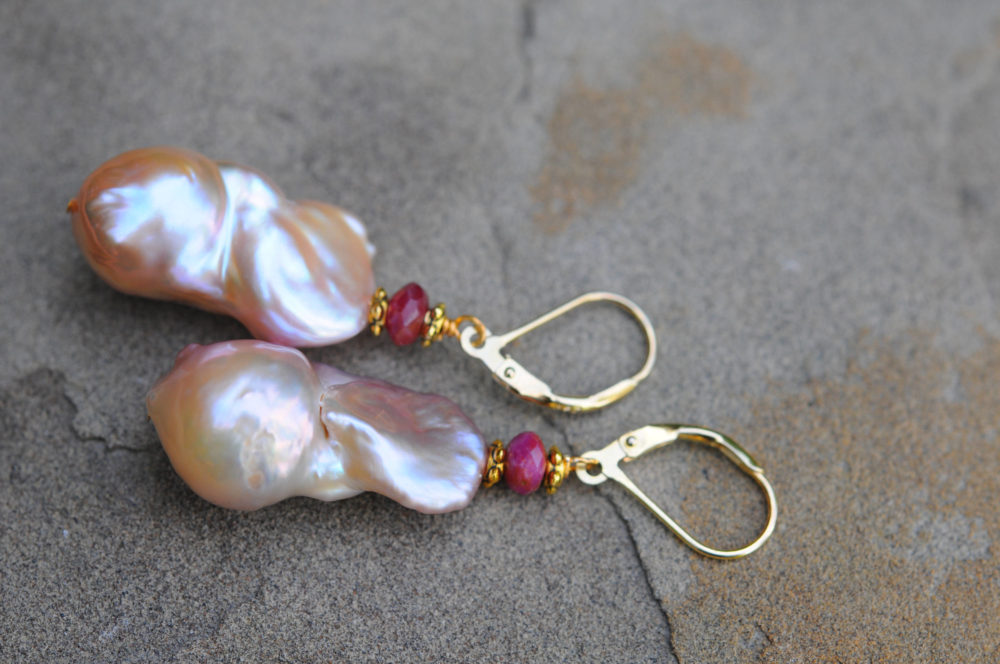 blush pink baroque pearl and natural ruby earrings, vermeil lever back ear wires, pink baroque pearl earrings, ruby earrings