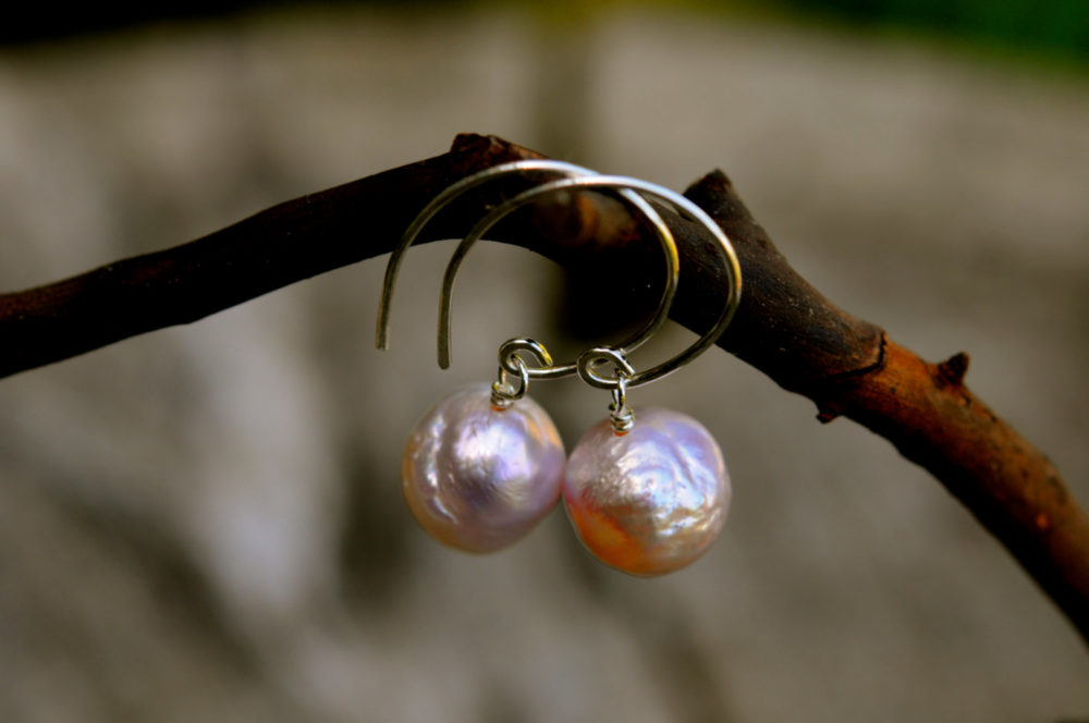 blush pink chinese kasumi pearl earrings, ripple pearl single drop dangle earrings, sterling silver hand made ear wires