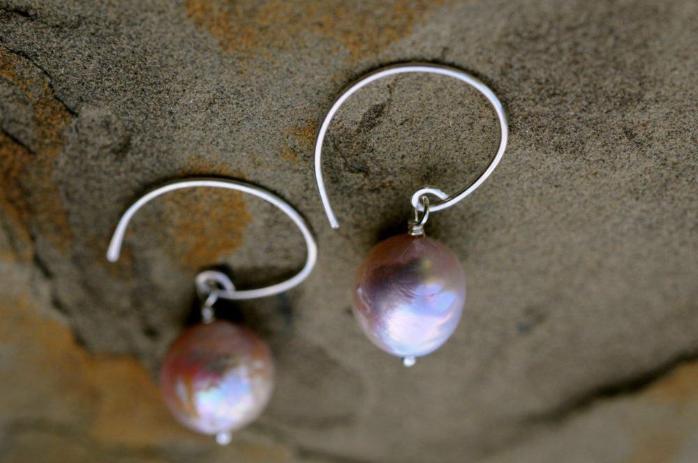 blush pink chinese kasumi pearl earrings, ripple pearl single drop dangle earrings, sterling silver hand made ear wires