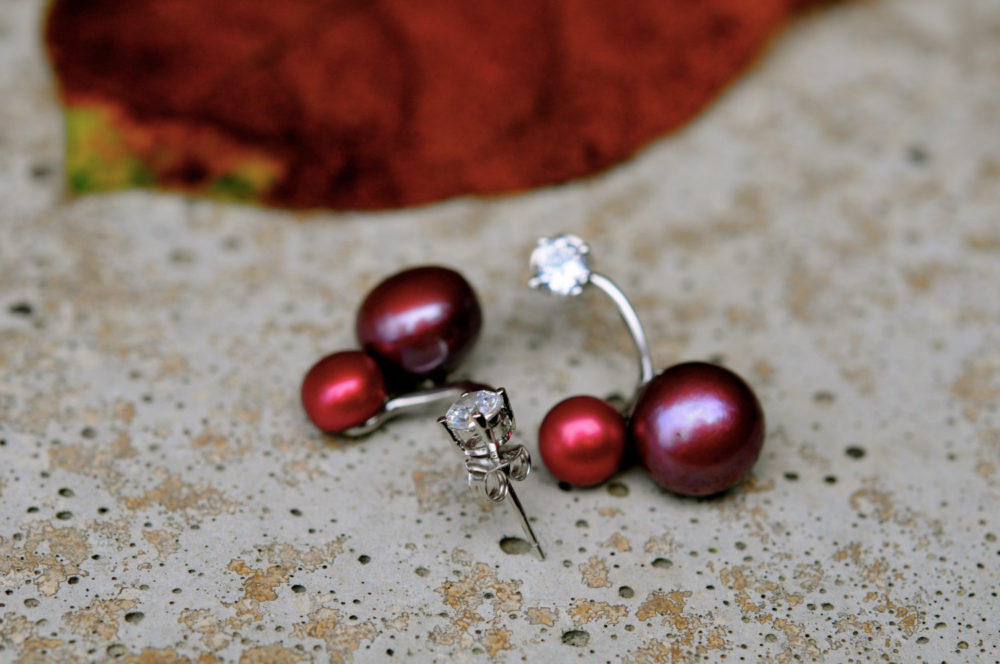 cheery cherry red pearl earrings, unique double pearl earrings, red pearl earrings