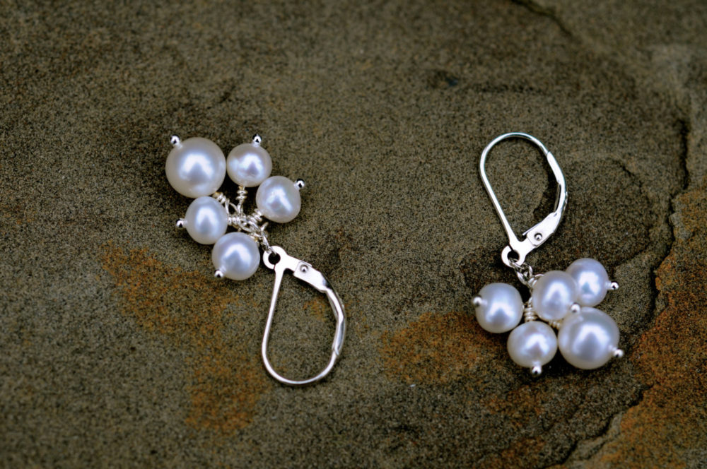 classic white pearl cluster dangle earrings, white pearl on silver earrings, sterling silver lever back wires