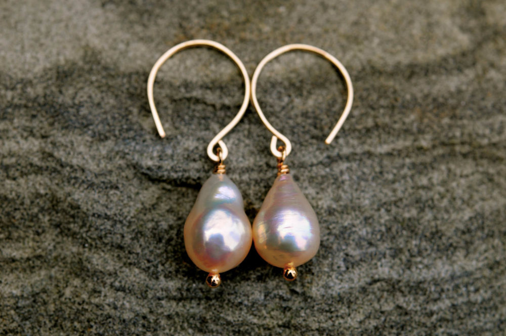 creamy champagne small baroque pearl dangle earrings, strong light (very bright)small baroque pearl earrings on goldfill ear wires, handmade