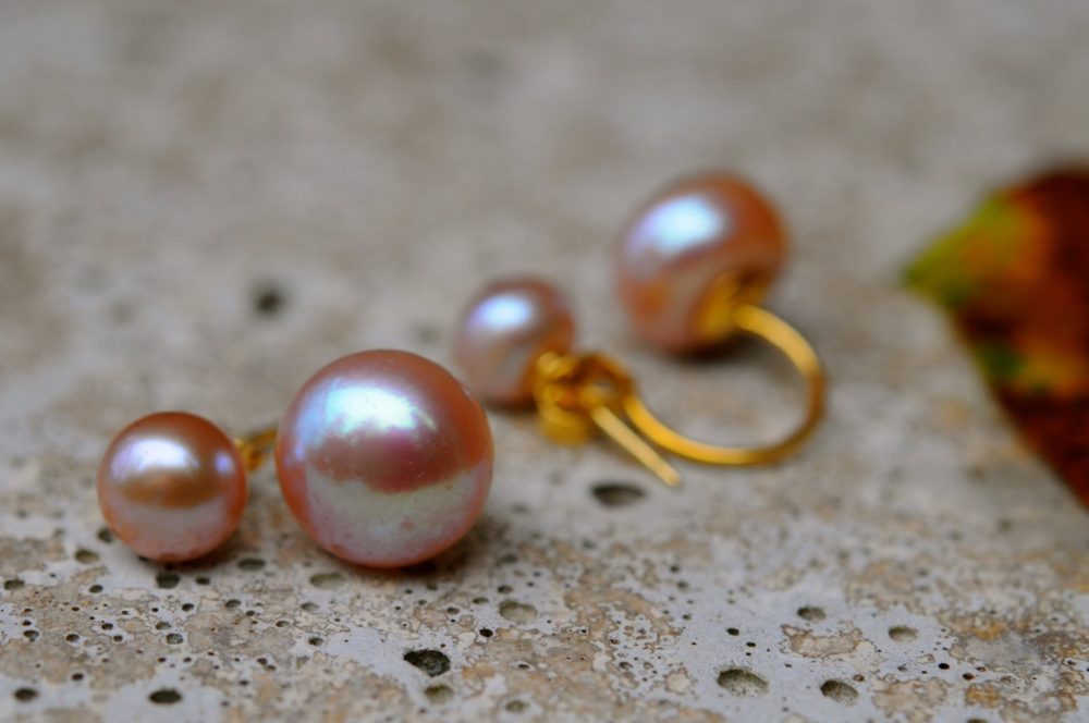 double pearl earrings, pink double pearl studs, interchangeable pearl studs and jacket