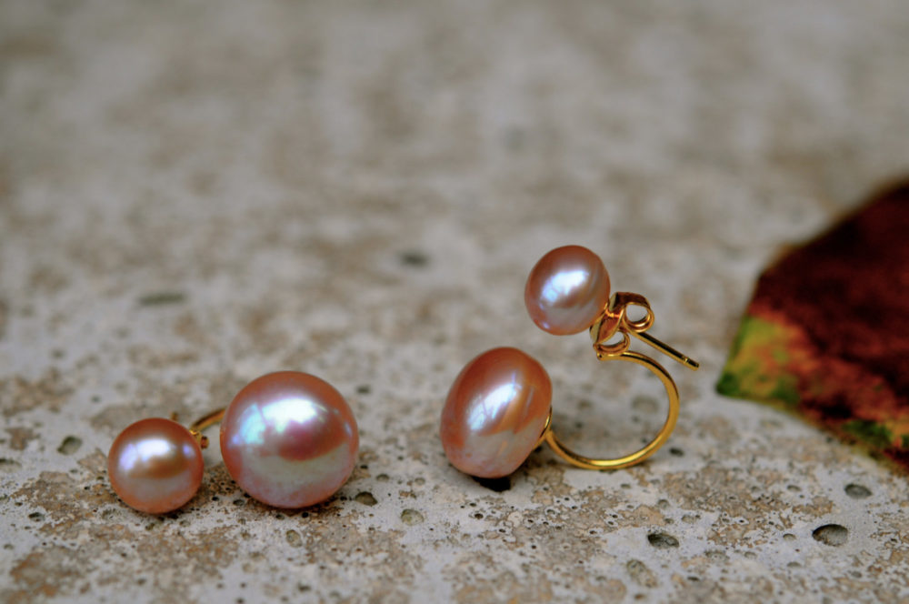 double pearl earrings, pink double pearl studs, interchangeable pearl studs and jacket