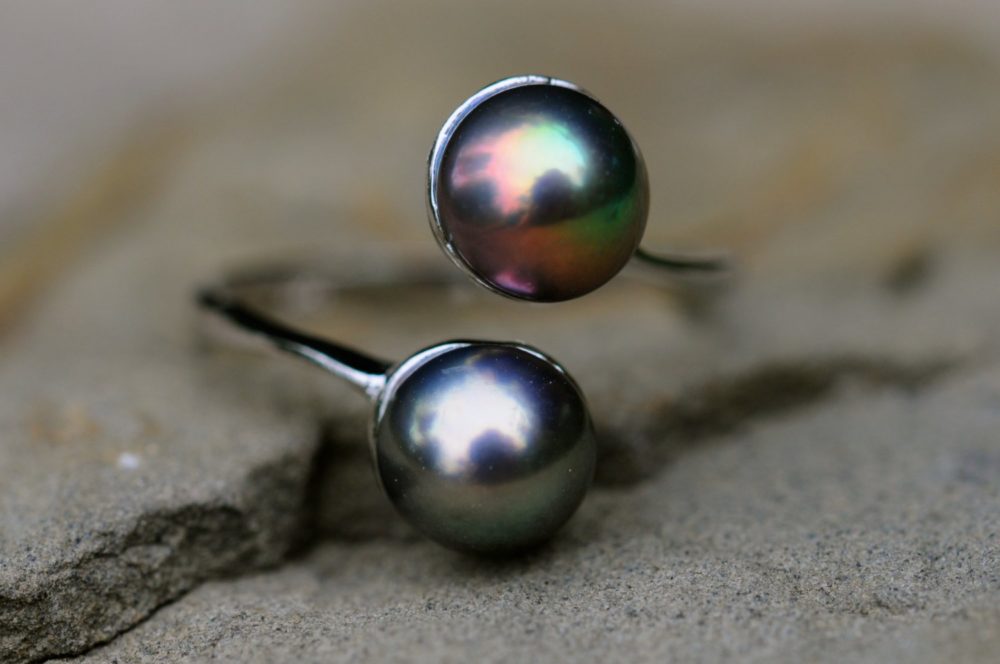 double pearl ring, black pearl silver ring, variable size pearl ring, 7mm black pearl ring, sweet and versatile