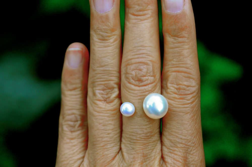 double white pearl silver ring, solid sterling silver open double pearl ring, mother daughter pearl ring, unique pearl casual elegance