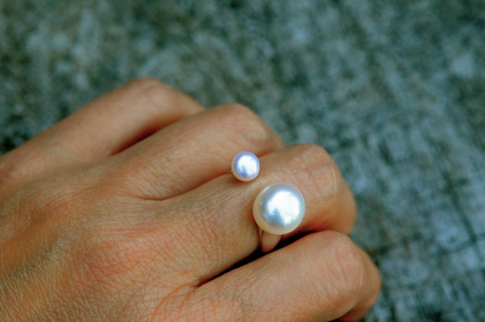 double white pearl silver ring, solid sterling silver open double pearl ring, mother daughter pearl ring, unique pearl casual elegance