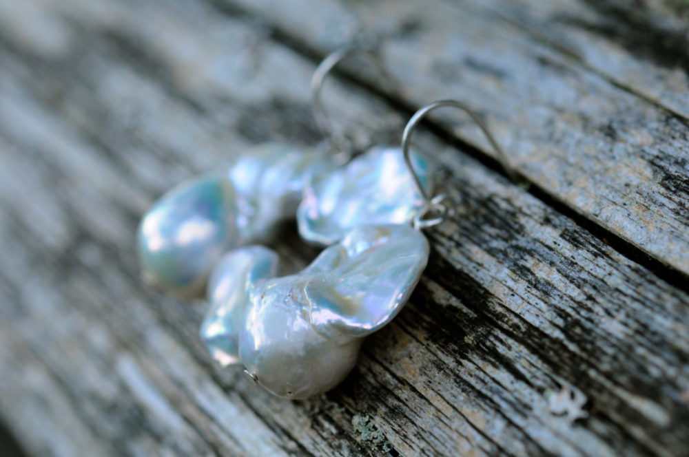 dramatic large white baroque pearl earrings, complimentary and asymmetriclly paired, handmade sterling silver ear wires