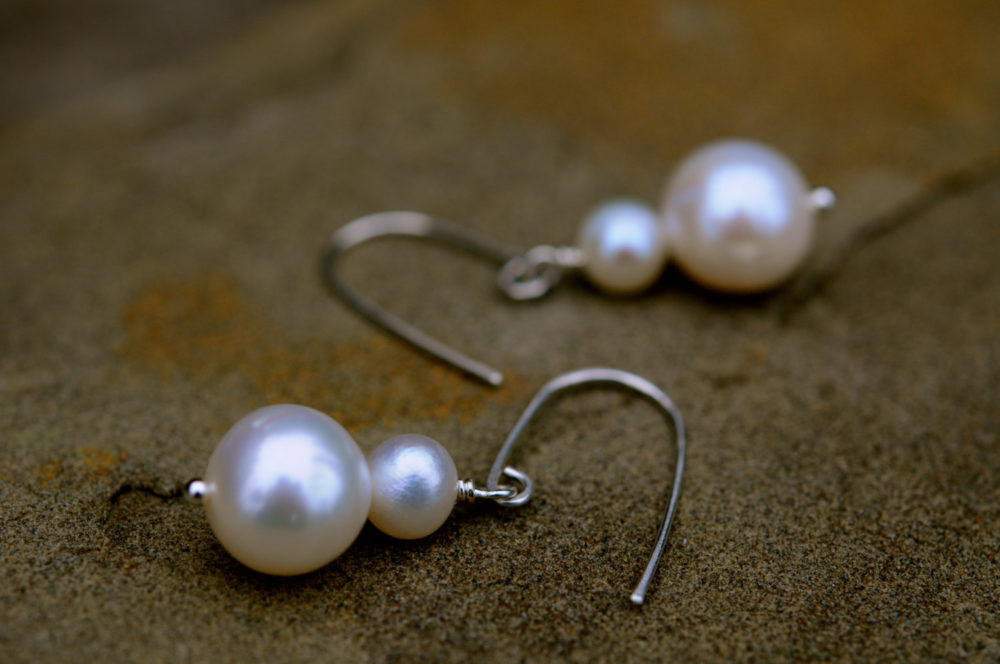dual pearl earrings, simple white pearl dangle earrings