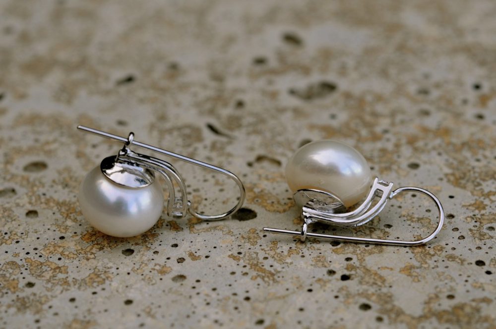 elegant white pearl dangle earrings, large 13 mm white pearl with 3mm swarovsky crystal in silver setting, safety clasp