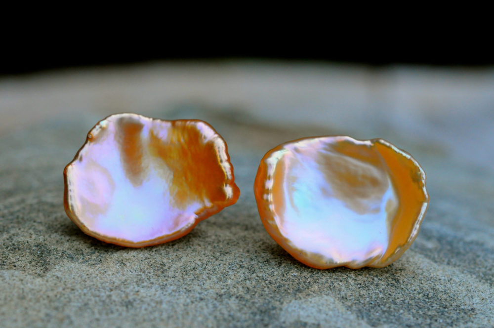 extraordinaryly beautiful sunny peach keshi pearl stud earrings, gold petal pearl earring studs, highly unusual pearl post earrings