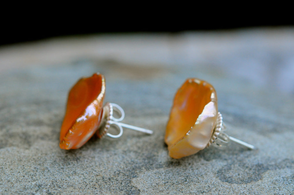 extraordinaryly beautiful sunny peach keshi pearl stud earrings, gold petal pearl earring studs, highly unusual pearl post earrings